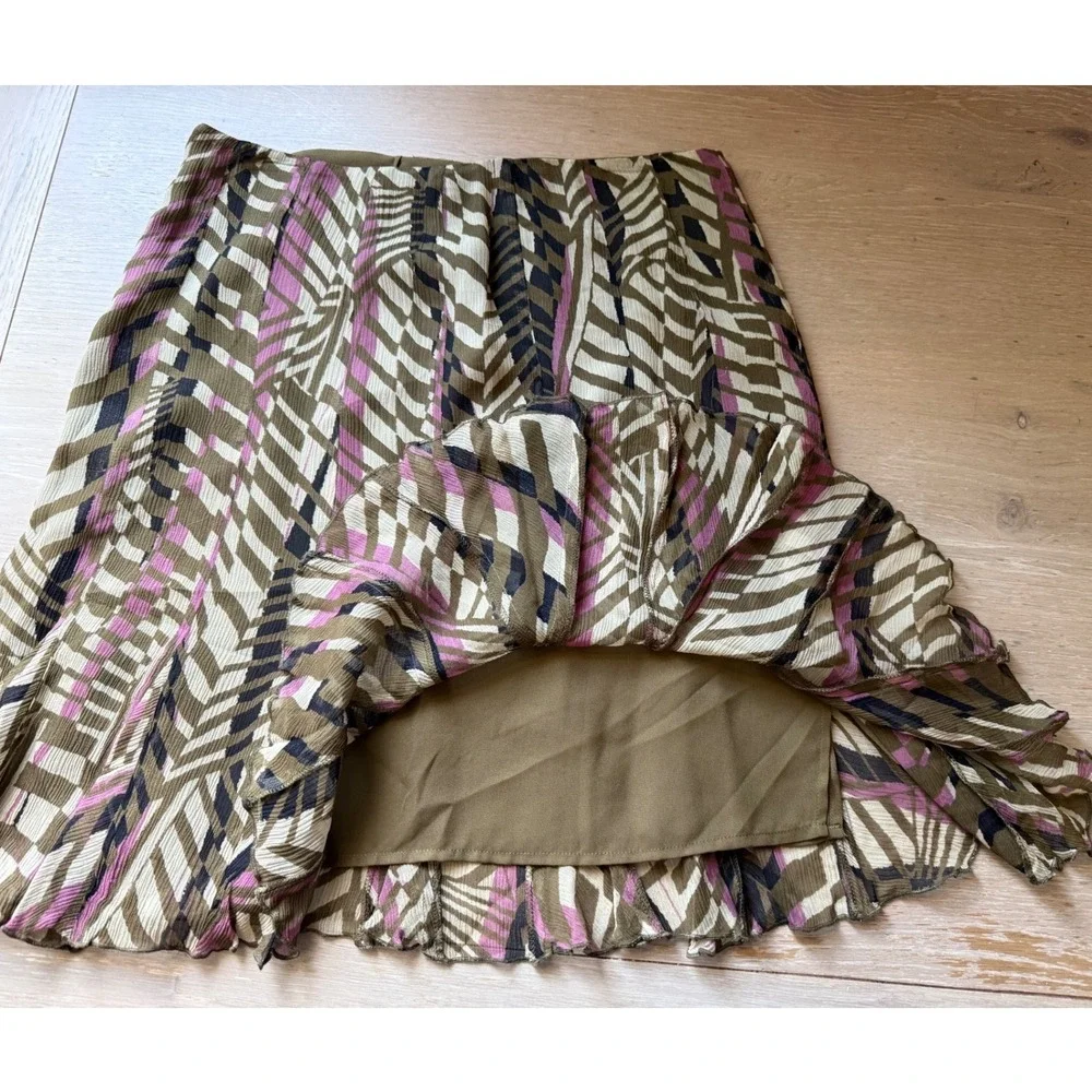 Alfani Petite 100% Silk Geometric Abstract Print Flared Mini Skirt Olive 8P